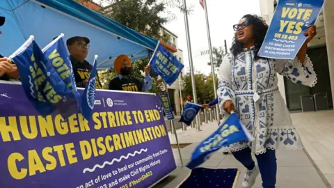 Getty Images Woman in blue and white dress holding sign that says "Vote yes"in front of blue and yellow banner announcing hunger strike.