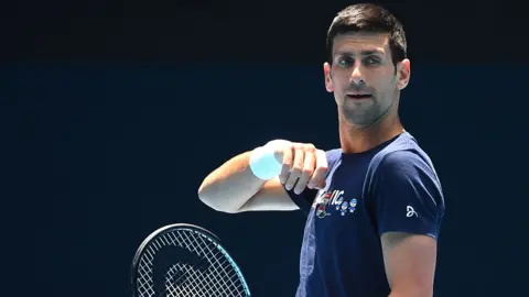 Novak Djokovic during a training session at Melbourne Park in Melbourne, Australia, 12 January 2022