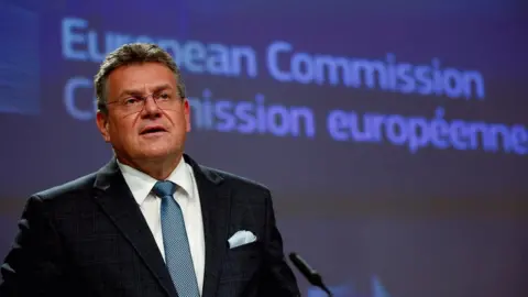 JOHANNA GERON/Reuters European Commission Vice-President for Interinstitutional Relations Maros Sefcovic speaks during a news conference after a meeting with British Foreign Secretary Liz Truss, in Brussels, Belgium