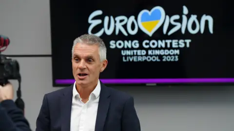 PA Media Director General of the BBC Tim Davie speaks to the media at the M&S Bank Arena in Liverpool