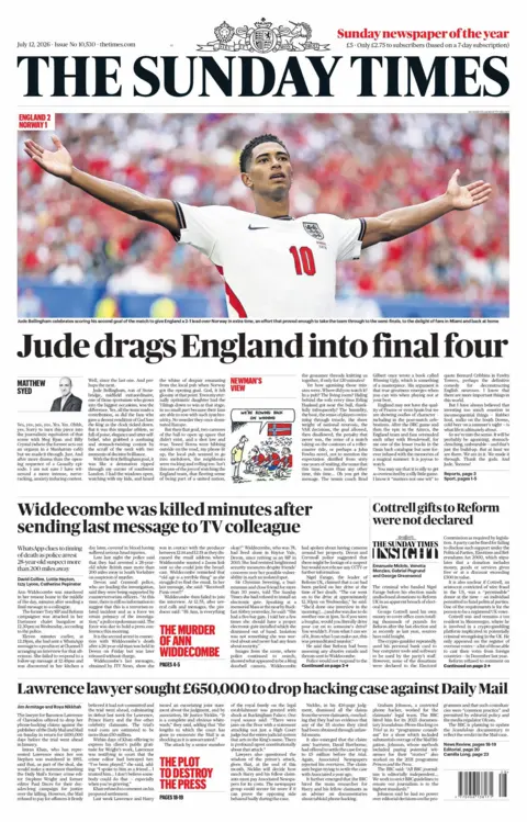 "Jude drags England into final four," reads the headline on the front page of the Sunday Times.