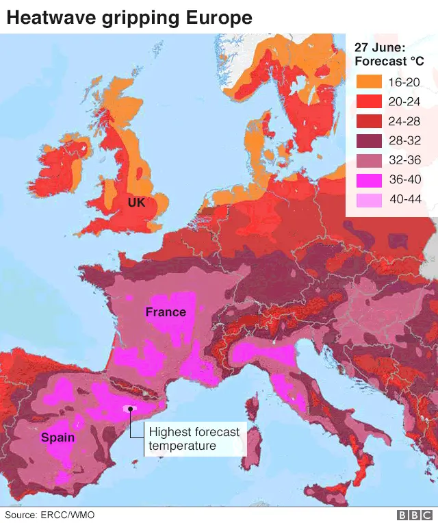 Heatwave map of Europe, showing forecast temperatures