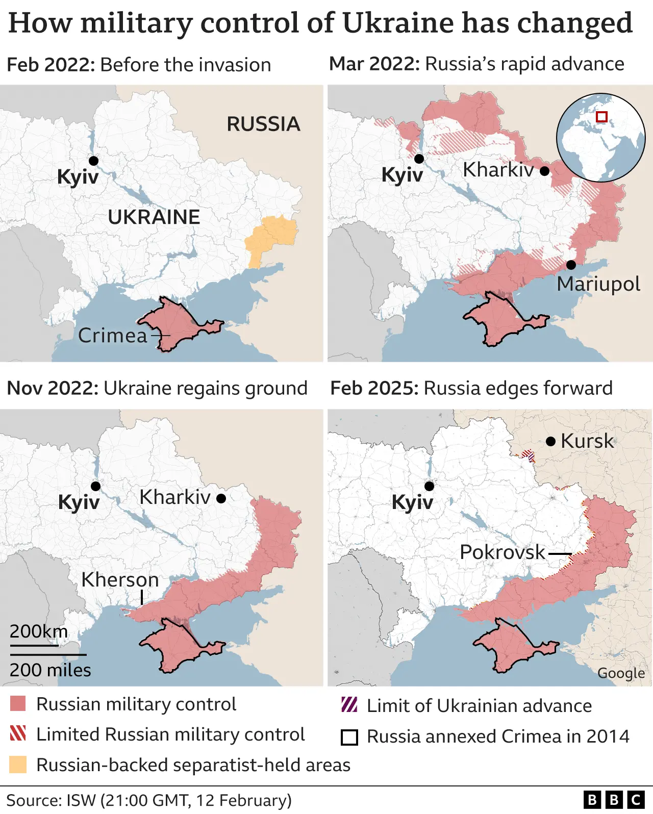 Four maps showing how the situation has changed on the ground since Russia's invasion: from Russian separatists holding territory in Donbass, to Russia taking territory in the north of Ukraine in the first days following the invasion, before being pushed out of the country and restricted to slow territorial gains in the southeast.