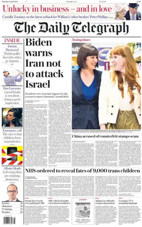 BBC The headline in the Daily Telegraph reads: Biden warns Iran not to attack Israel