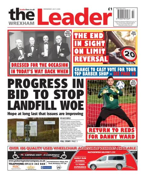 Wrexham Leader Front page of the Wrexham Leader with the splash headline: "Progress in the bid to stop landfill woe". Below is an advert for a wheelchair accessible taxis. Above are three boxes with the headlines: "Dressed for the occasion in today's way back when"; "the end in sight on limit reversal"; and "Chance to cast vote for your top barber shop".