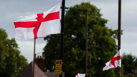 PA Media St George's flags are attached to the tops of black metal lamp posts along a residential street. A yellow parking restriction sign is visible on the nearest post. Rooftops and mature green trees fill the background under an overcast sky.
