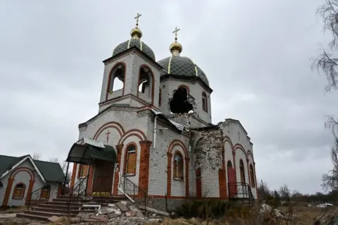 AFP The outside of the damaged church of Saint Alexander Nevsky in Tsupivka village, Kharkiv