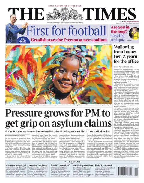 The headline on the front page of the Times reads: "Pressure grows for PM to get grip on asylum claims". 