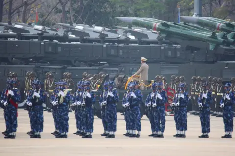 Reuters Myanmar's junta chief Senior General Min Aung Hlaing, who ousted the elected government in a coup on February 1, presides an army parade on Armed Forces Day in Naypyitaw, Myanmar, March 27, 2021.