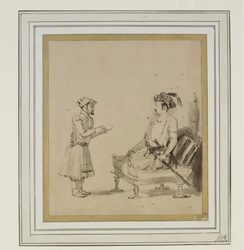 The British Museum  A drawing on paper of Mughal Emperor Jahangir receiving an officer by Dutch artist Rembrandt.