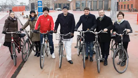 Cycling Embassy of Denmark Danny Kennedy (in red) on a fact finding trip to Copenhagen