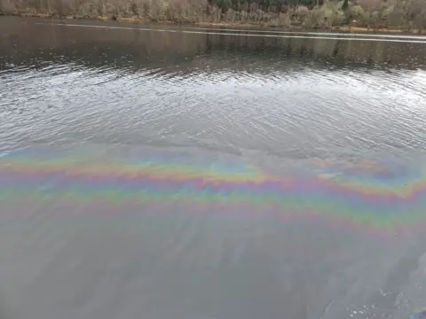 Rob Jamieson A rainbow slick from a fuel leak on a river