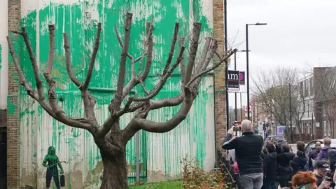 PA Media A cut-back tree stands in the foreground of a mural, painted to resemble foliage