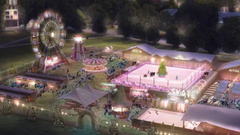 Alpine Christmas Markets Ltd.  Illustrative image of new Christmas market and ice rink planned for Parker's Piece in Cambridge