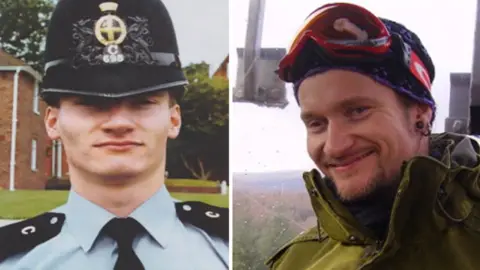 Alamy Mark Kennedy (left) in his police uniform and (right) in his undercover days, when he used the name Mark Stone