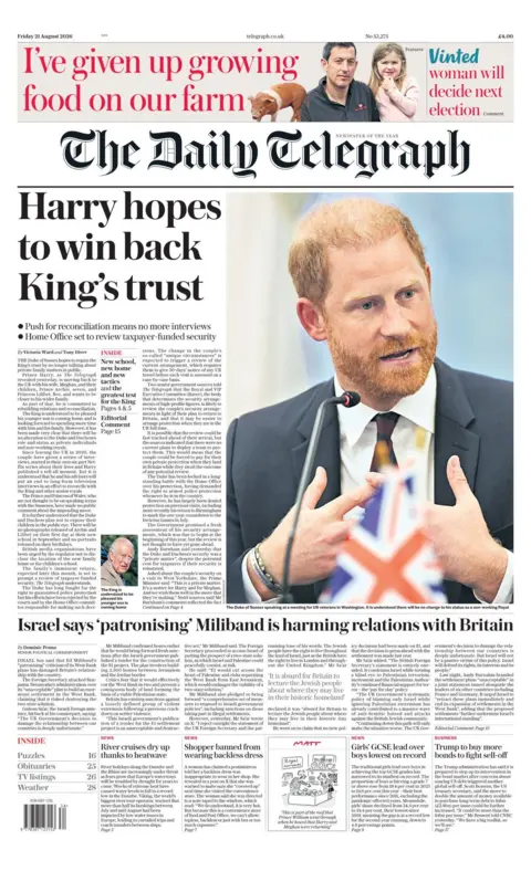 The headline on the front page of the Daily Telegraph reads: "Harry hopes to win back King's trust."