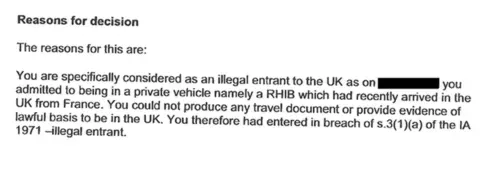 Home office document telling an asylum seeker they will be deported to Rwanda because they arrived without lawful basis to be in the UK