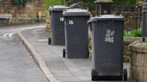 Black bins on the pavement to be collected