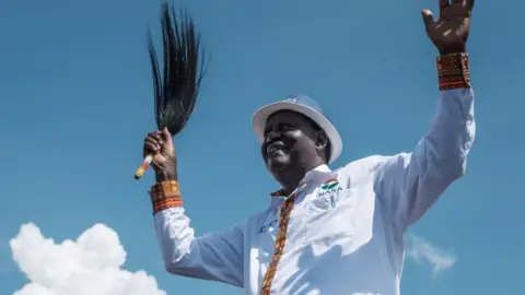 AFP Kenya's opposition National Super Alliance (NASA) coalition leader Raila Odinga reacts to supporters during a political rally at Jacaranda grounds in Nairobi on September 17, 2017