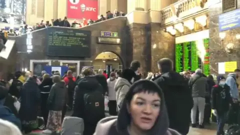 People inside the Kyiv rail station, Ukraine