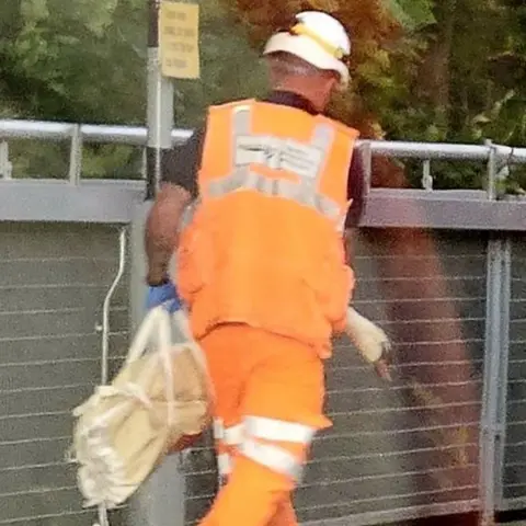 burgesst/X A swan being removed in a bag by a man wearing an orange vest and white hardhat.