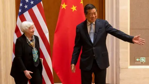 Reuters Chinese Vice Premier He Lifeng, right gestures to U.S. Treasury Secretary Janet Yellen during a meeting at the Diaoyutai State Guesthouse in Beijing, China