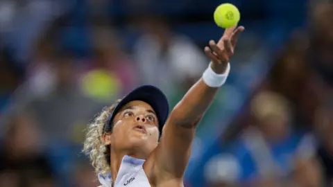 Aaron Doster/Getty Images Tennis player Mayar Sherif of Egypt serves at the Western and Southern Open at Lindner Family Tennis Center in Mason, Ohio, the US - Wednesday 16 August 2023