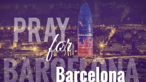 Eric Corzo Pray for Barcelona superimposed over a graphic of the city