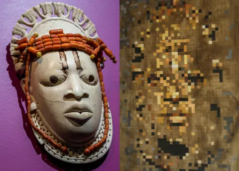 Getty Images L: The mask of Queen Idia R: Joe Obamina's painting of Queen Idia