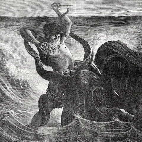 Getty Images Toilers of the Sea inspired image of fisherman fighting a giant octopus