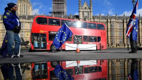 Reuters A demonstration outside of UK Houses of Parliament with EU flags