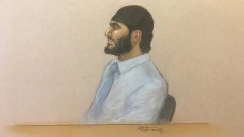 Julia Quenzler Court drawing (courtroom sketch) shows Mohiussunnath Chowdhury wearing a black head covering at Woolwich Crown Court on January 21st 2020.