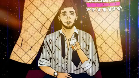 Karen Charmaine Chanakira Illustration showing a man in a lap dancing club