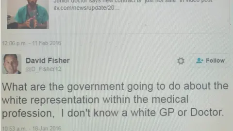 Twitter A Tweet from Councillor Fisher reading: "What are the government going to do about the white representation within the medical profession, I don't know a white GP or doctor"