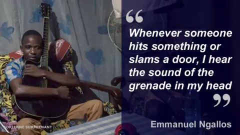 Quotebox - Emmanuel Ngallos says: "Whenever someone hits something or slams a door, I hear the sound of the grenade in my head"