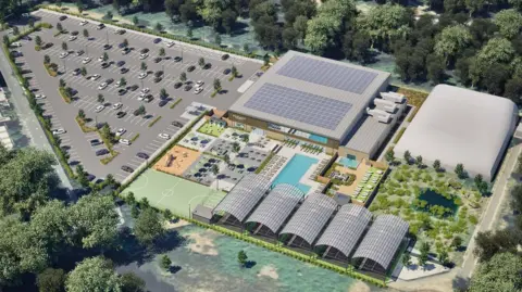 An artist's impression of what a new leisure complex could look like, complete with outdoor pool, tennis courts, parking several large structures, a green area and trees all around it. 