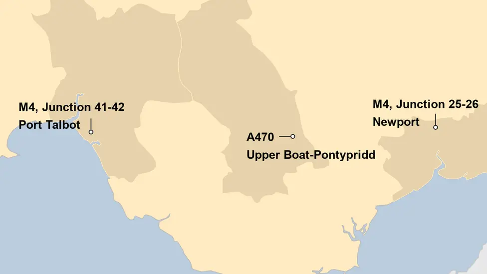 Map showing locations of new 50mph zones in Newport, Pontypridd and Port Talbot