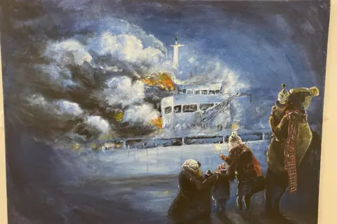 BBC Paul's painting showing children with sparklers and warship on fire