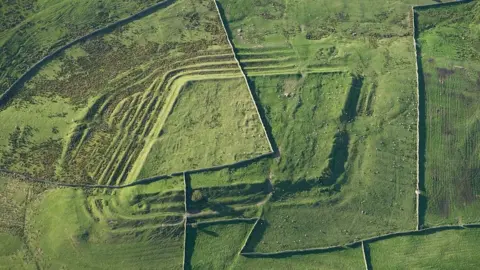 Historic England/David MacLeod Aerial view of Roman fort dissected by more modern farm walls