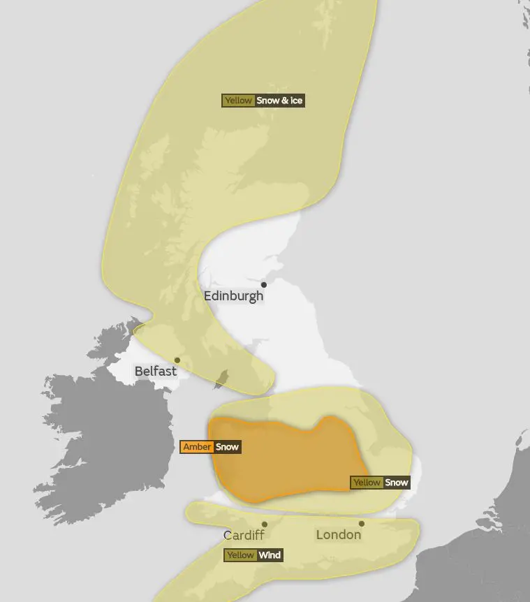 Met Office The Met Office have issued yellow and amber weather warnings for Sunday