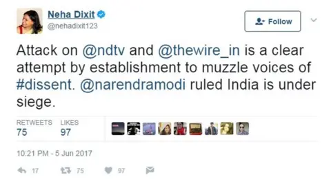 Neha Dixit Attack on @ndtv and @thewire_in is a clear attempt by establishment to muzzle voices of #dissent. @narendramodi ruled India is under siege.