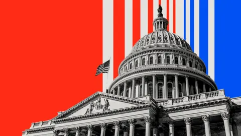 BBC The Capitol Building is portrayed in black and white on a background of red, grey and blue, converging in stripes behind the roof.