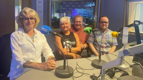 Hall for Cornwall Two women and two men in a BBC Radio Cornwall studio.
