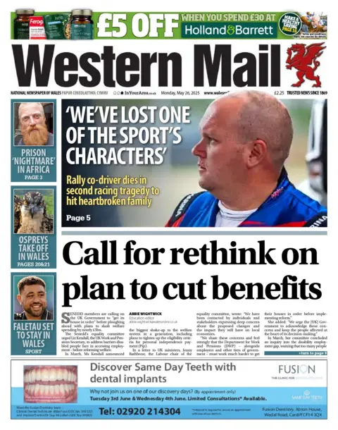 Western Mail Front page of the Western Mail has the headline Call for rethink on plan to cut benefits. the main picture is a of a rally driver killed in a crash in Scotland