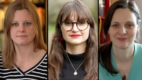 BBC The picture is divided into three boxes, each with a woman looking at the camera. Lisa is on the left, with blonde hair and a striped t-shirt, Michelle is in the middle with glasses and red lipstick, Deborah is on the right with brown hair and a turquoise coloured top