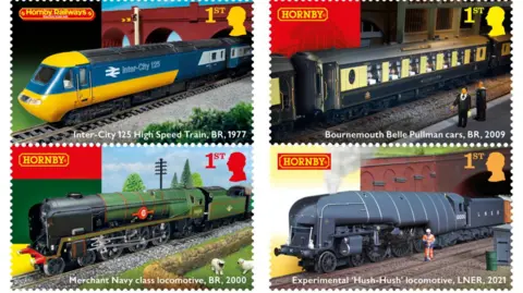 Royal Mail Four of the eight stamps showing: a model blue and yellow InterCity 125 High Speed Train, BR, 1977; a model green and black Merchant Navy locomotive, BR, 2000; model black and yellow Bournemouth Belle Pullman cars, BR, 2009; and a grey model Experimental 'Hush-Hush' locomotive, LNER, 2021