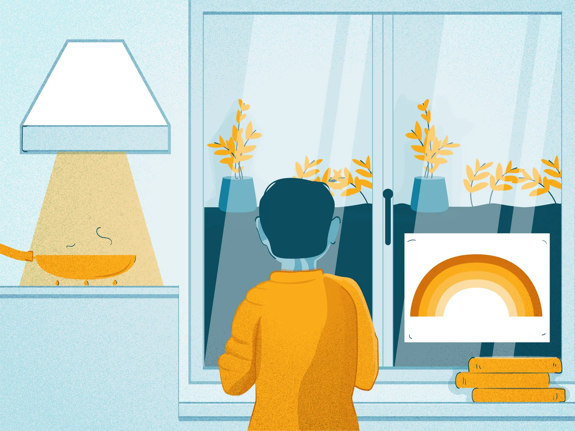 Boy looking out of the window while dinner is cooking and plants are growing outside