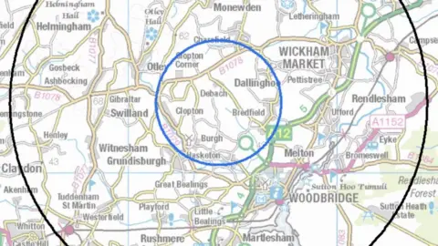 Defra A Defra map showing a 3km (2 mile) protection zone around the Debach, Clopton, Bredfield and Burgh area