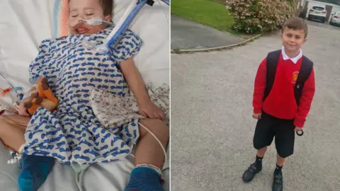 Family handout Freddie being treated in hospital (left) and going to school