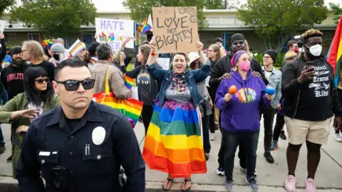 Getty Images Protesters on Friday outside Saticoy Elementary School